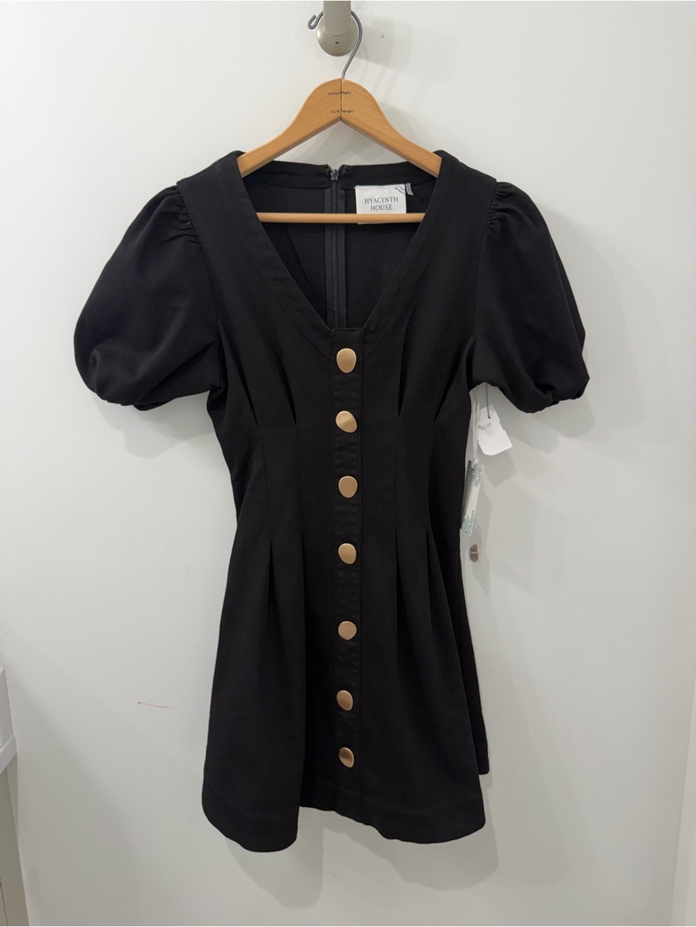 NWT Tuckernuck Hyacinth House Gold Button Puff Sleeve Black Mini Dress